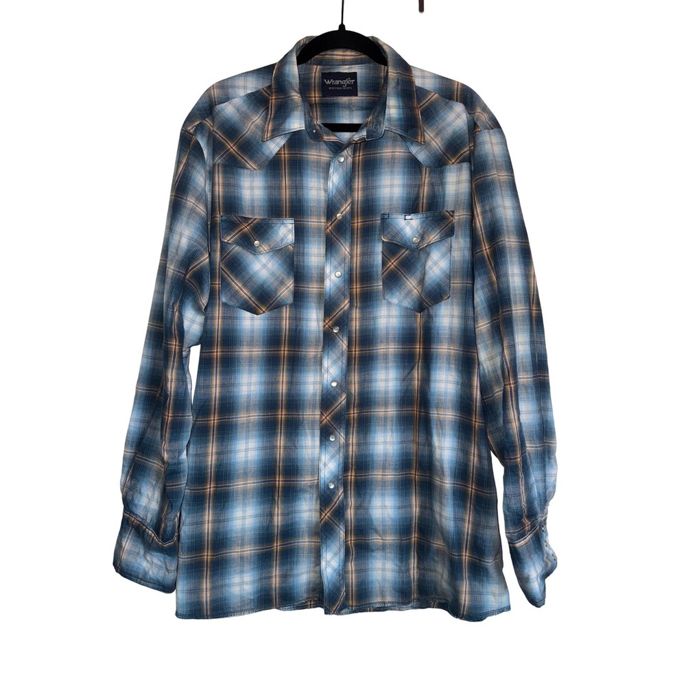 Wrangler‎ Western Shirts Men's Blue Plaid Pearl Snap Long Sleeve Western Shirt
